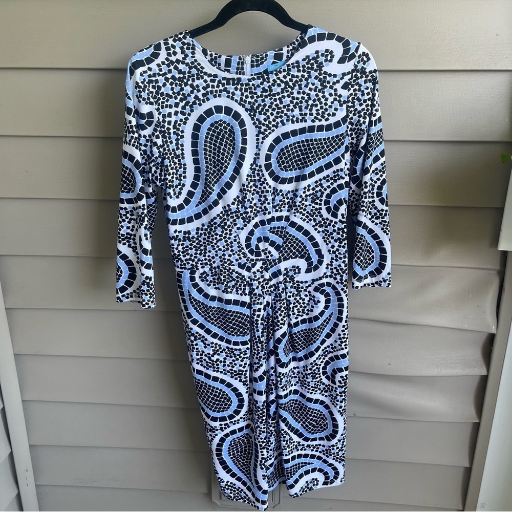 J McLaughlin Catalina Cloth Artsy Dress Blue Paisley 3/4 Sleeve Medium Stretch